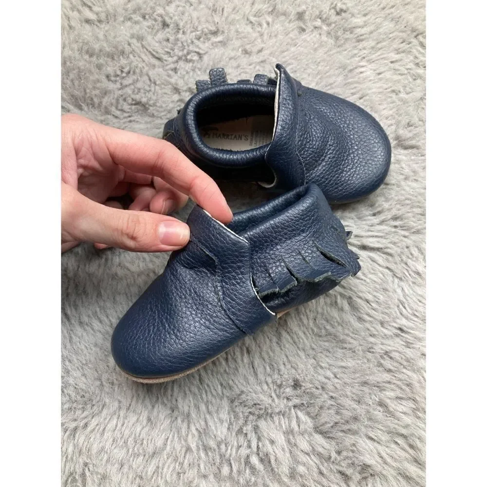 Marrians navy leather mini moccasins